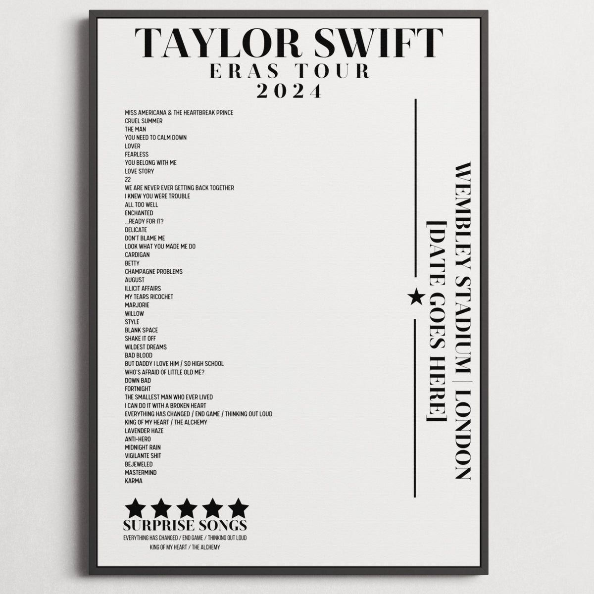 Taylor Swift Wembley August 2024 Setlist Posters Basic Style