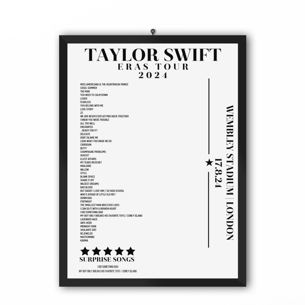 Taylor Swift Wembley August 2024 Setlist Posters Basic Style Des