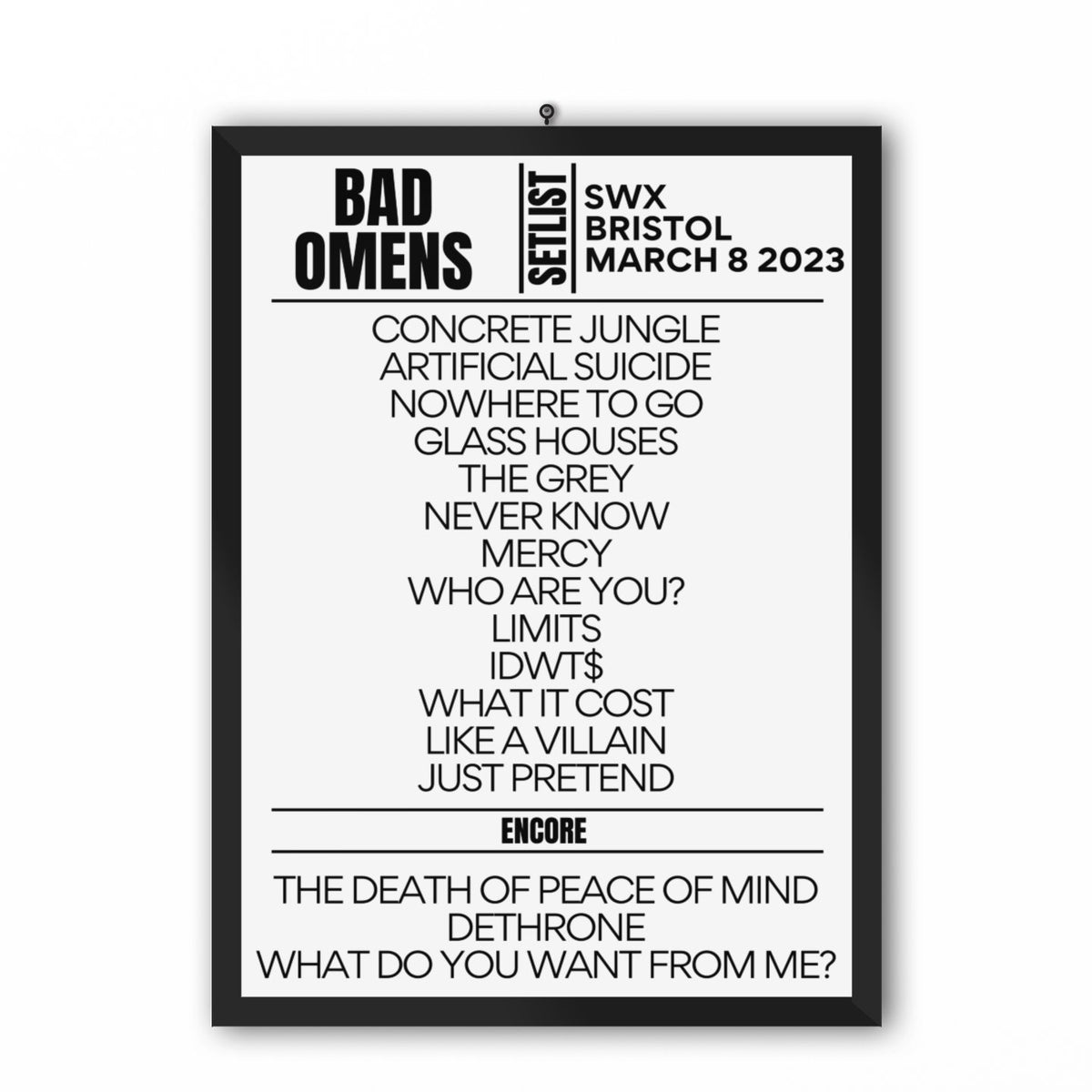 Bad Omens Swx Bristol Setlist Replica March 8 2023 Setlist 9767