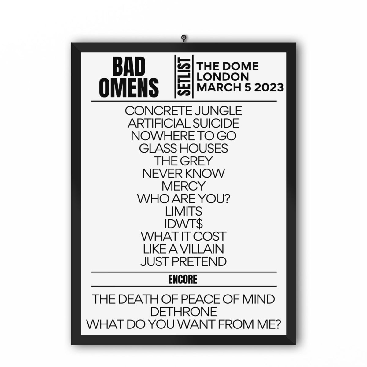 Bad Omens The Dome London Setlist Replica March 5, 2023 Setlist