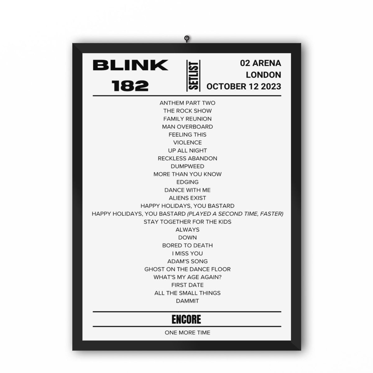 Blink 182 London October 2023 Night 2 Metal Framed Setlist