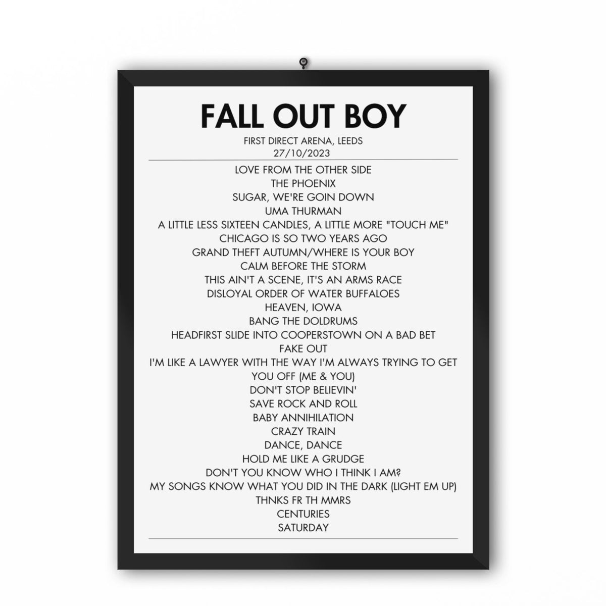 Fall Out Boy Leeds Arena Setlist Replica October 2023