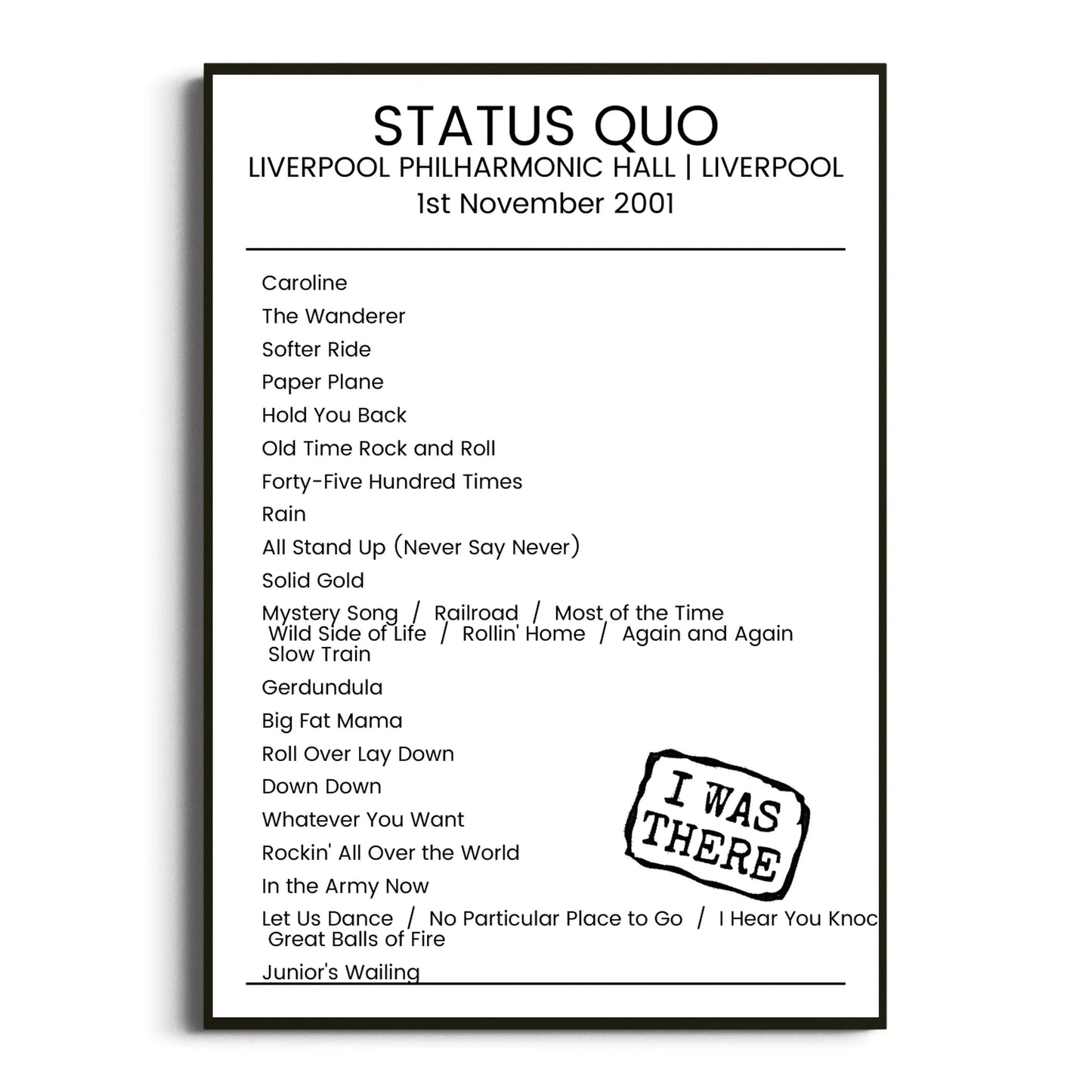 Status Quo Liverpool 01 November 2001 Setlist Poster