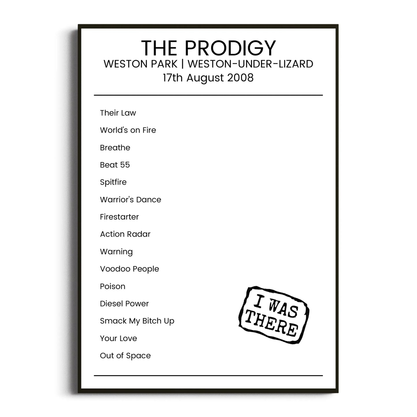 The Prodigy Weston-under-Lizard 17 August 2008 Setlist Poster