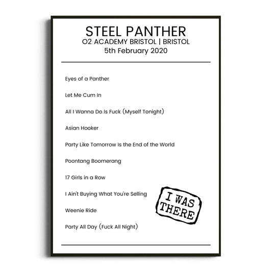 Steel Panther Bristol 05 February 2020 Setlist Poster