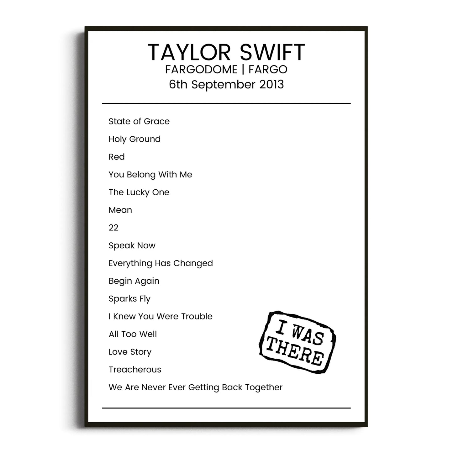 Taylor Swift Fargo 06 September 2013 Setlist Poster