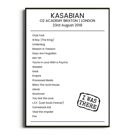 Kasabian London 23 August 2018 Setlist Poster