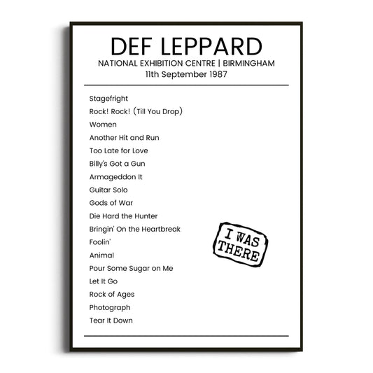 Def Leppard Birmingham 11 September 1987 Setlist Poster