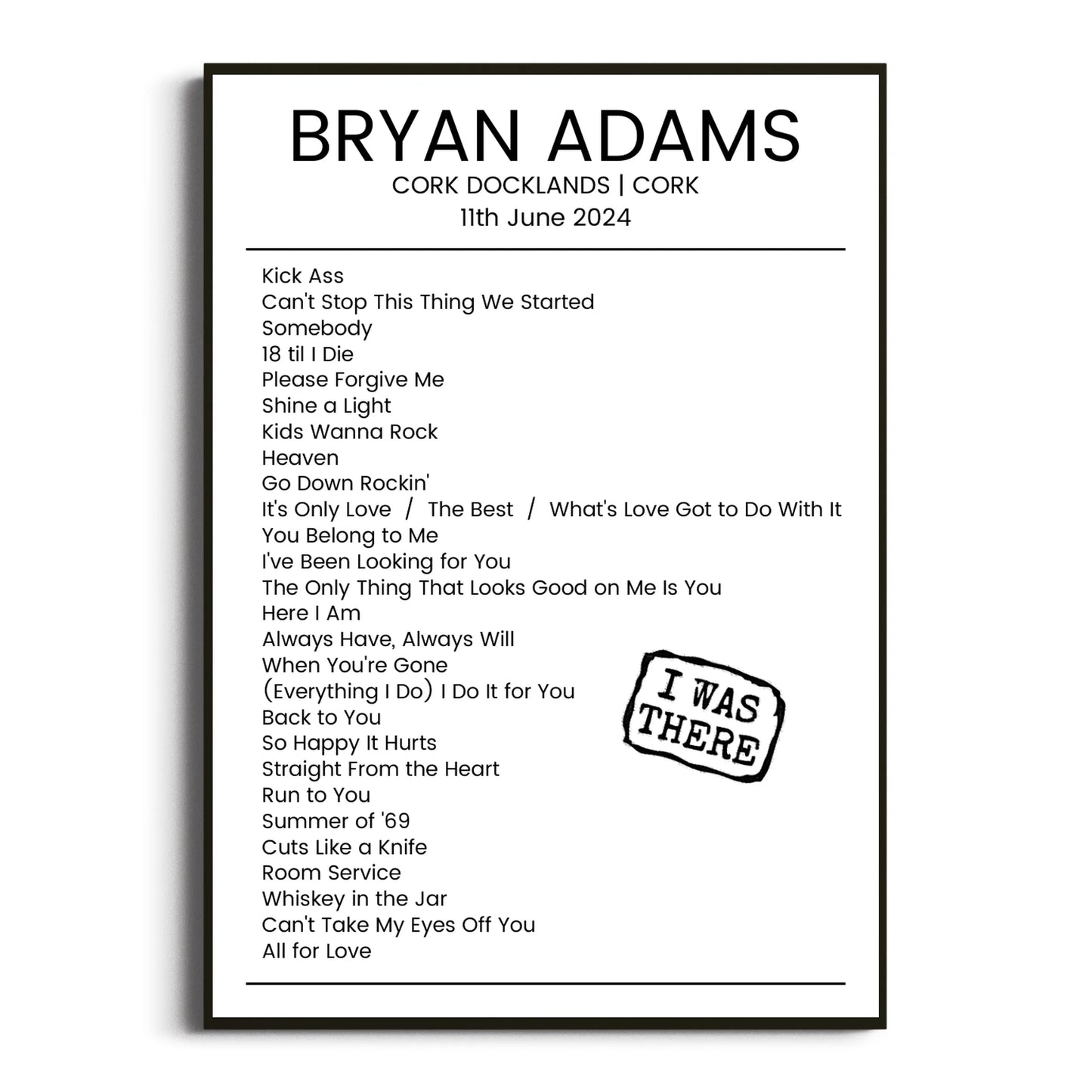 Bryan Adams Cork 11 June 2024 Setlist Poster