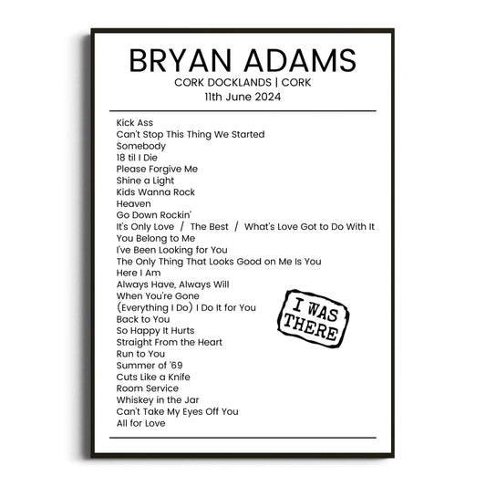 Bryan Adams Cork 11 June 2024 Setlist Poster