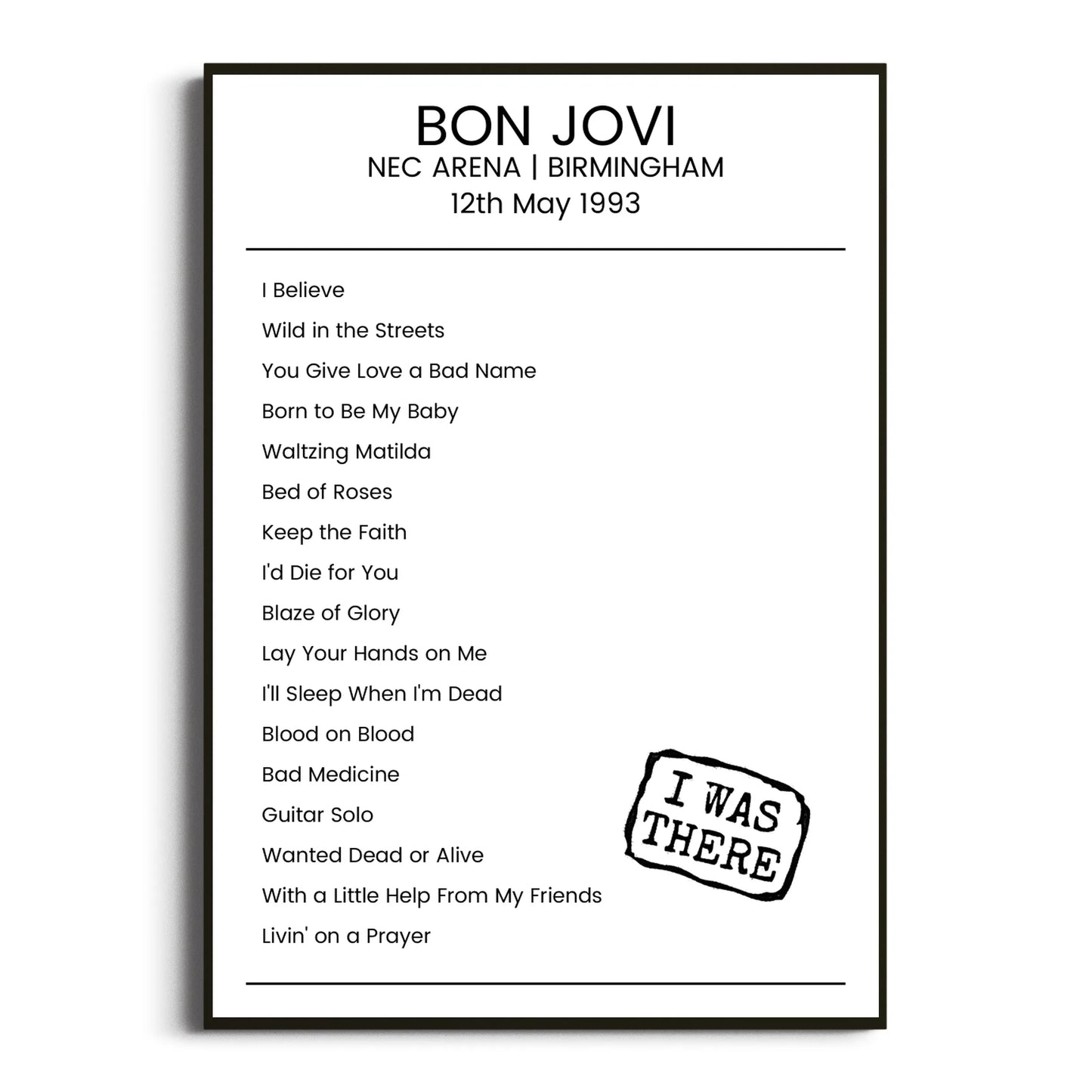 Bon Jovi Birmingham 12 May 1993 Setlist Poster