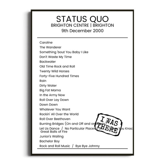 Status Quo Brighton 09 December 2000 Setlist Poster