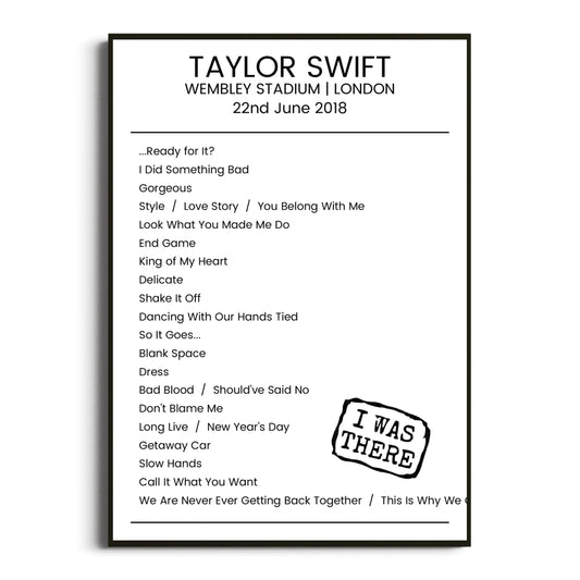 Taylor Swift London 22 June 2018 Setlist Poster