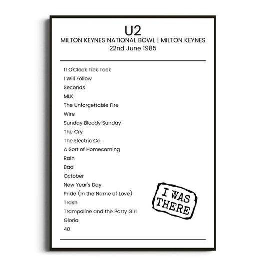 U2 Milton Keynes 22 June 1985 Setlist Poster