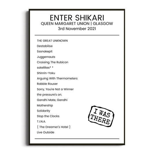 Enter Shikari Glasgow 03 November 2021 Setlist Poster