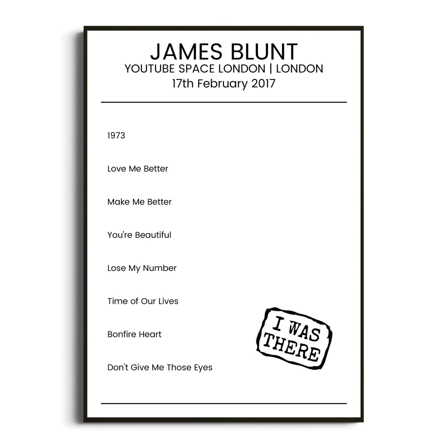 James Blunt London 17 February 2017 Setlist Poster