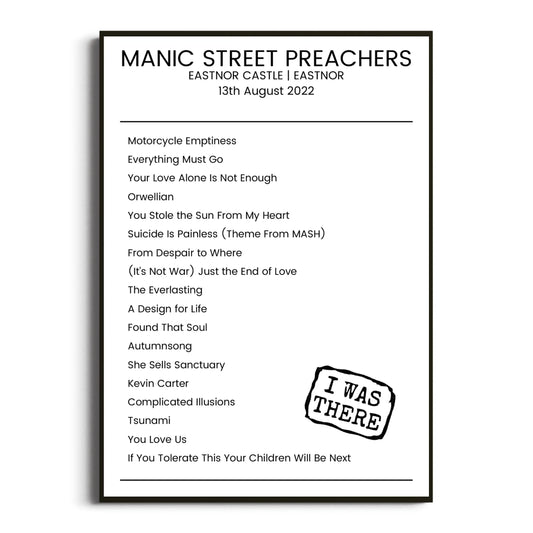 Manic Street Preachers Eastnor 13 August 2022 Setlist Poster