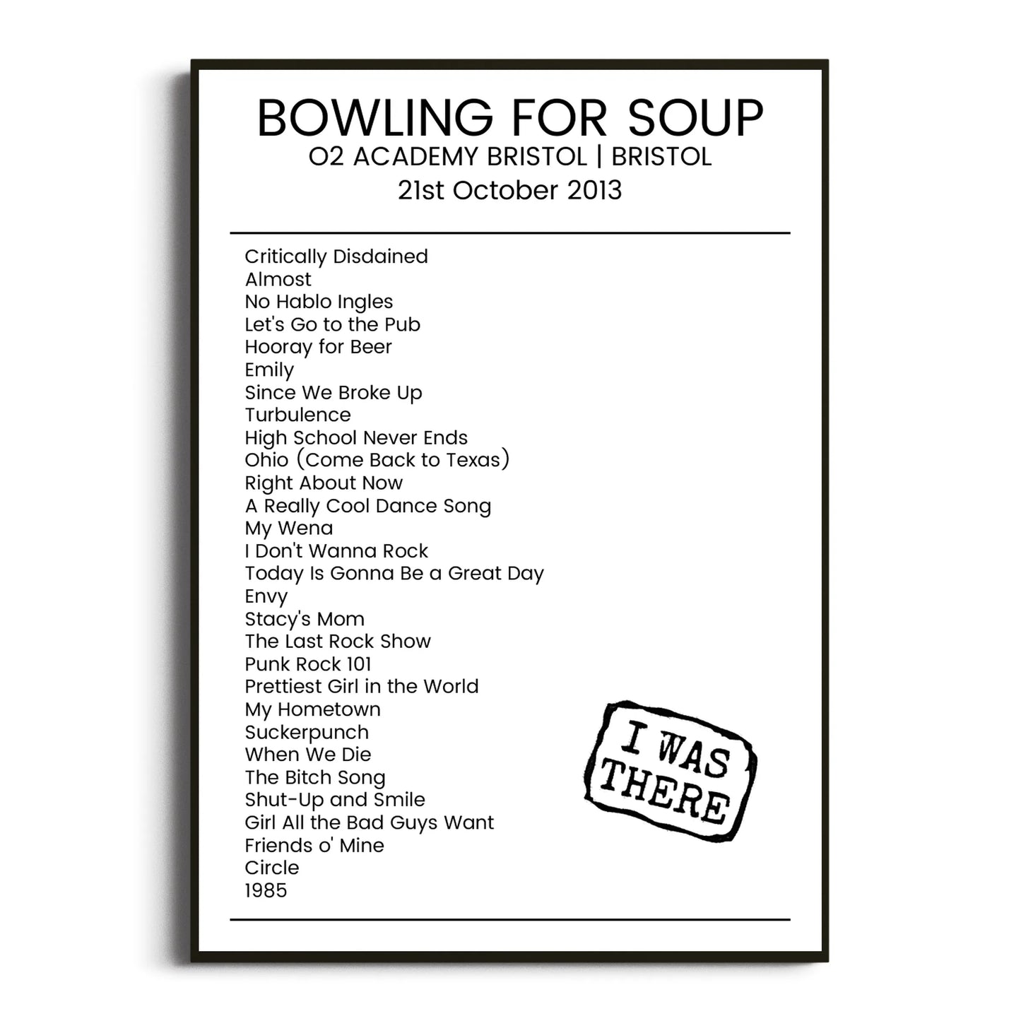 Bowling for Soup Bristol 21 October 2013 Setlist Poster