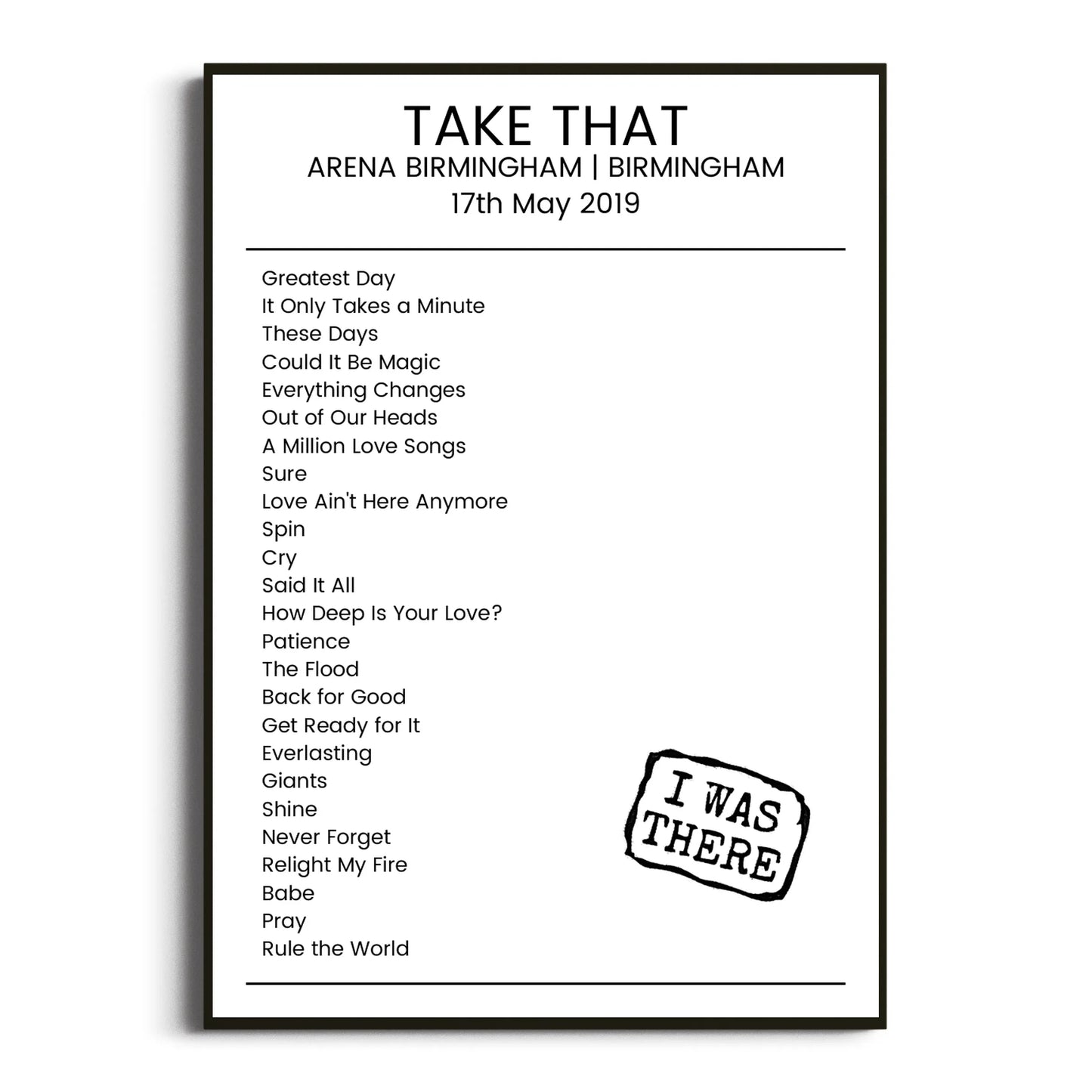 Take That Birmingham 17 May 2019 Setlist Poster