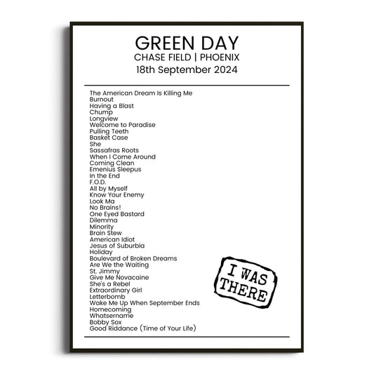 Green Day Phoenix 18 September 2024 Setlist Poster