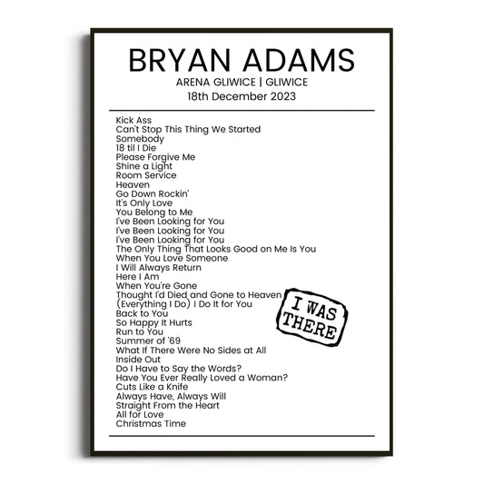 Bryan Adams Gliwice 18 December 2023 Setlist Poster