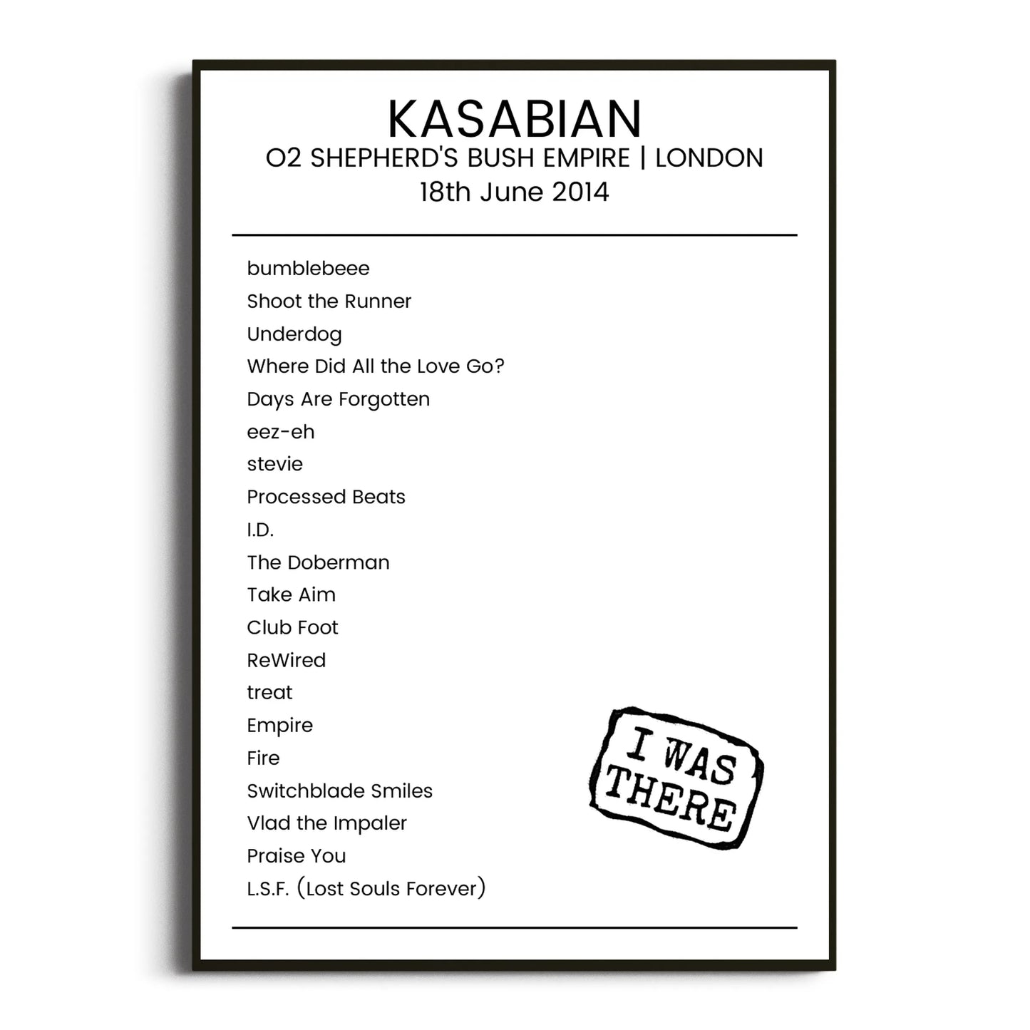 Kasabian London 18 June 2014 Setlist Poster