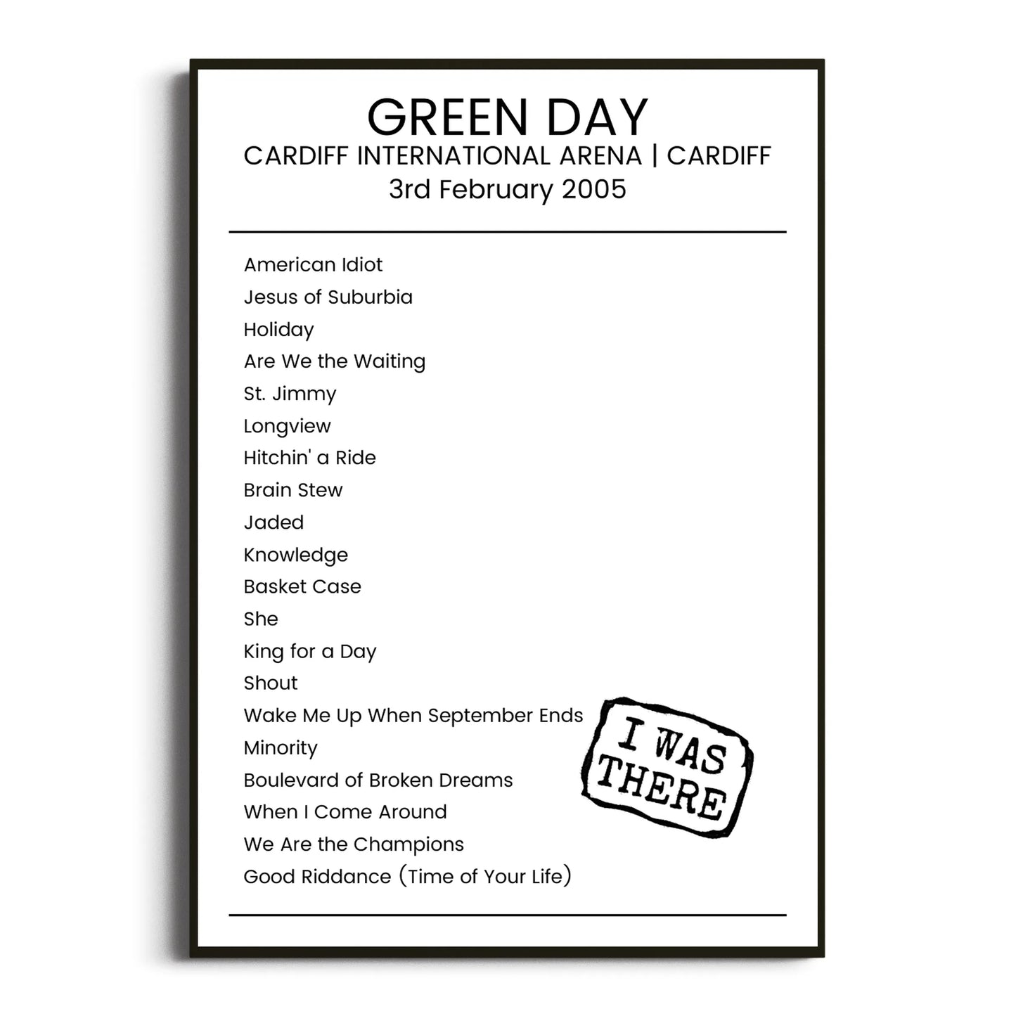 Green Day Cardiff 03 February 2005 Setlist Poster