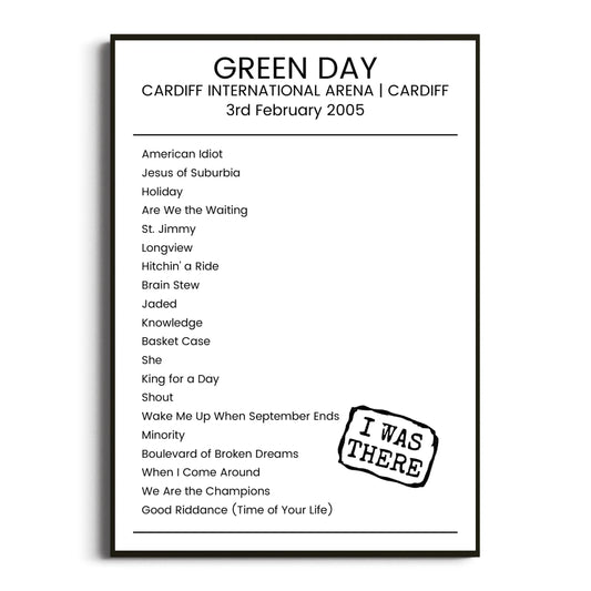 Green Day Cardiff 03 February 2005 Setlist Poster