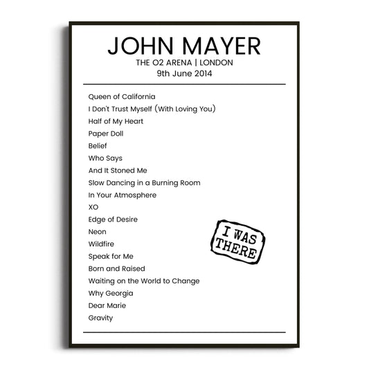 John Mayer London 09 June 2014 Setlist Poster