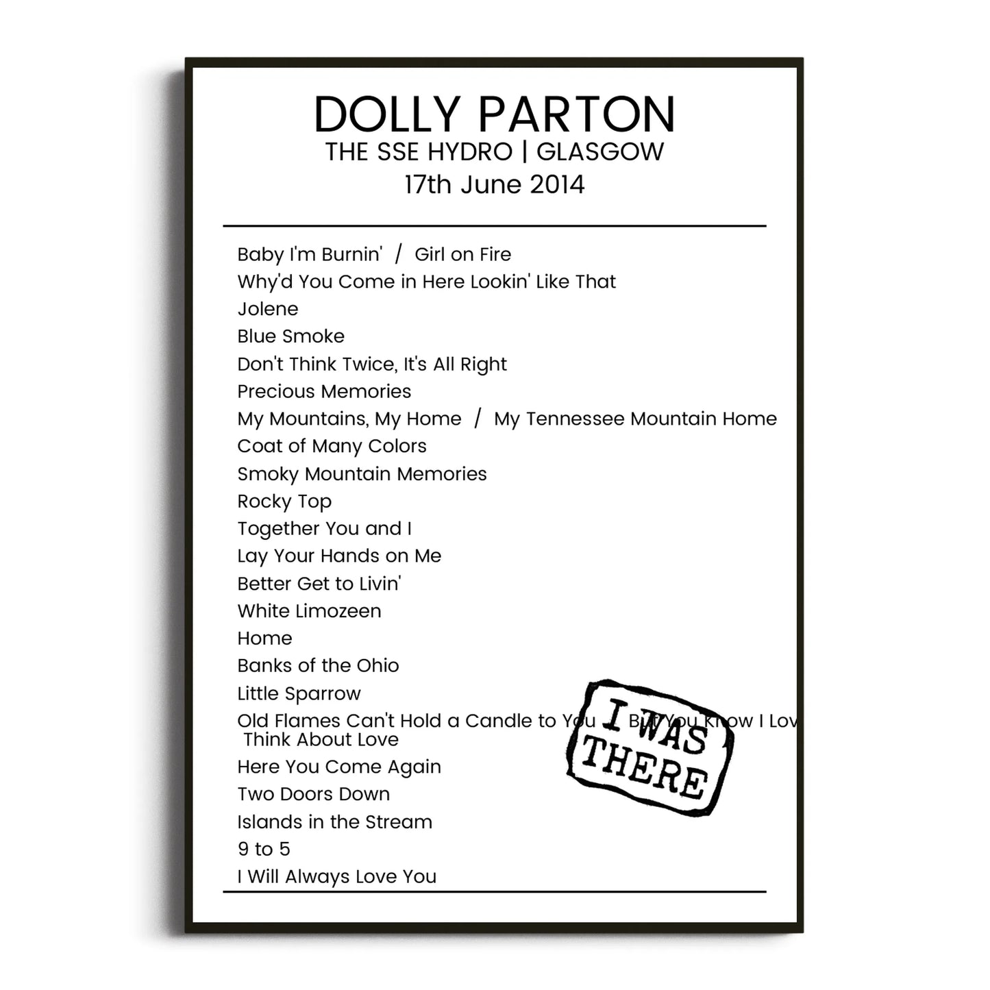 Dolly Parton Glasgow 17 June 2014 Setlist Poster