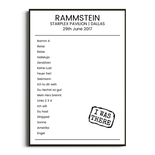 Rammstein Dallas 29 June 2017 Setlist Poster