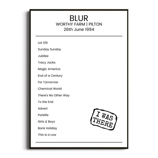 Blur Pilton 26 June 1994 Setlist Poster