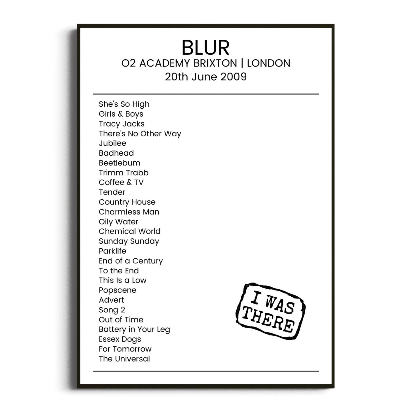 Blur London 20 June 2009 Setlist Poster