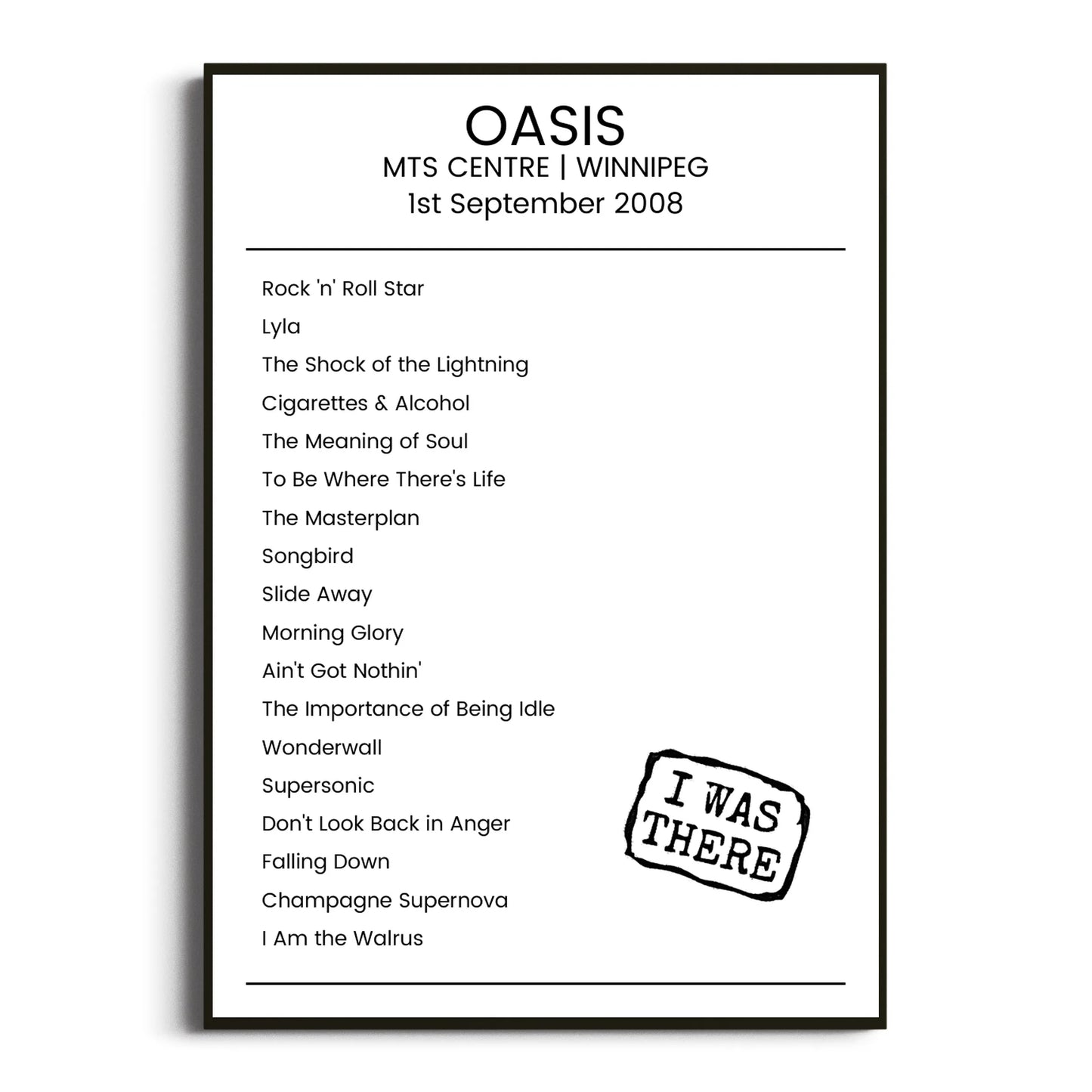 Oasis Winnipeg 01 September 2008 Setlist Poster