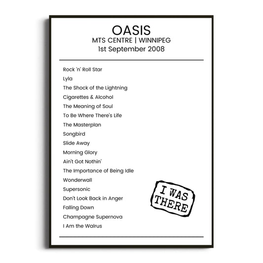 Oasis Winnipeg 01 September 2008 Setlist Poster