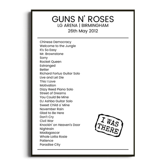 Guns N’ Roses Birmingham 26 May 2012 Setlist Poster