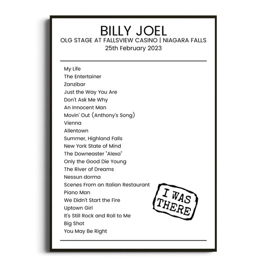 Billy Joel Niagara Falls 25 February 2023 Setlist Poster