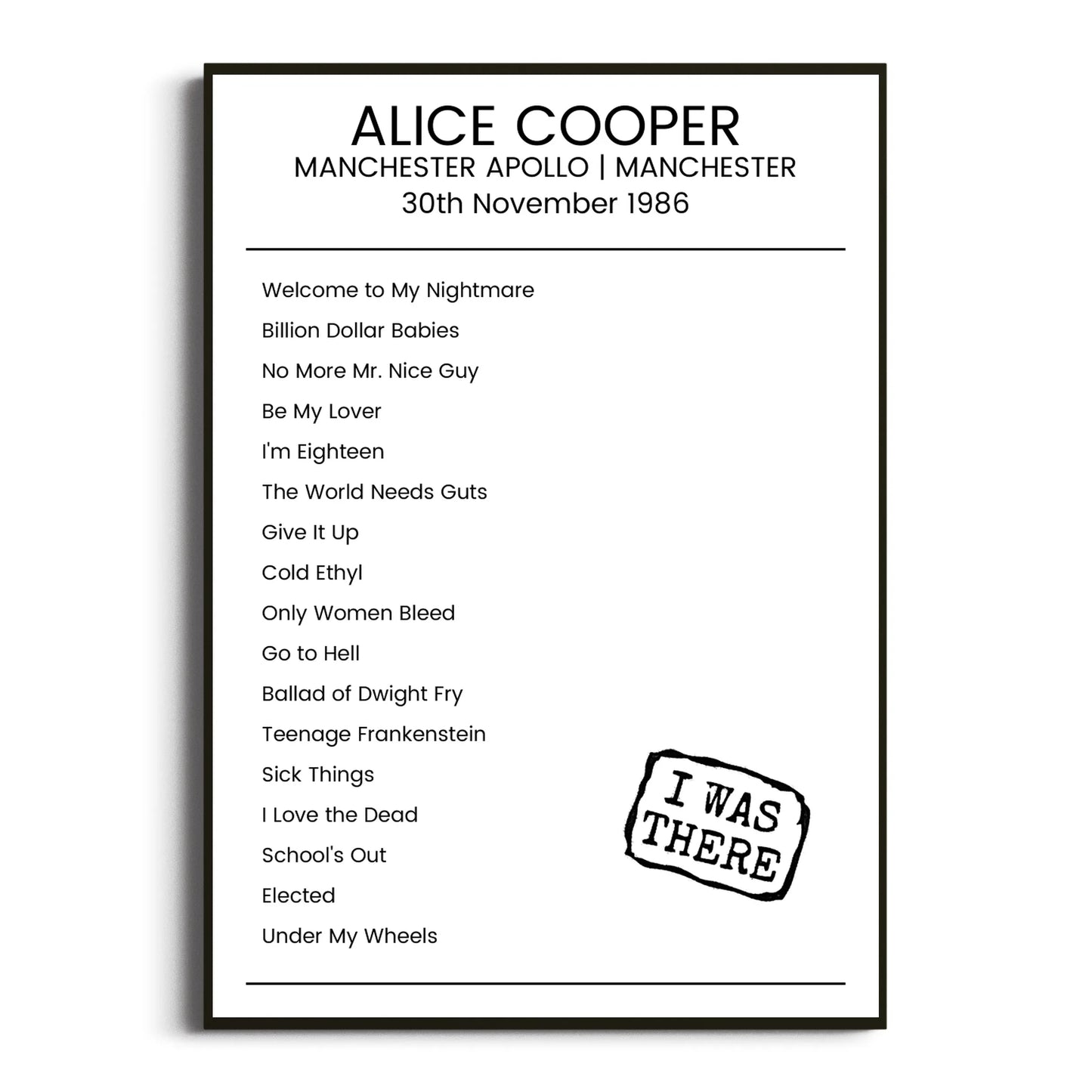 Alice Cooper Manchester 30 November 1986 Setlist Poster