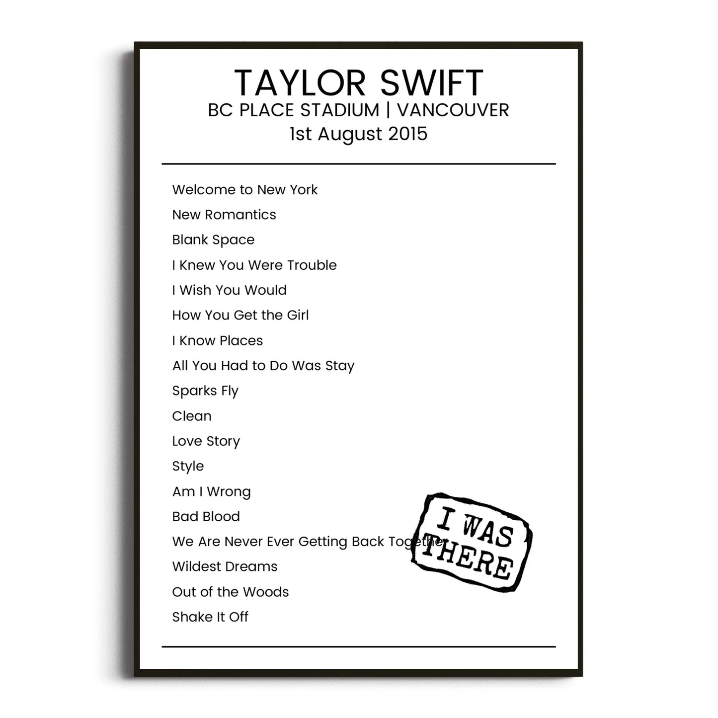 Taylor Swift Vancouver 01 August 2015 Setlist Poster