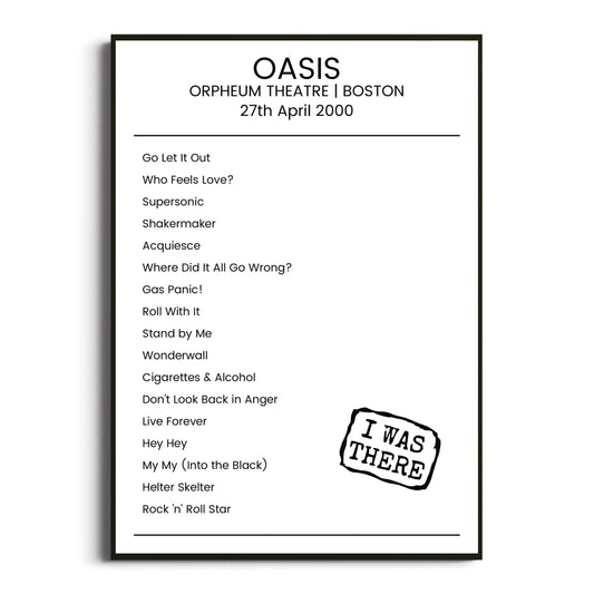 Oasis Boston 27 April 2000 Setlist Poster