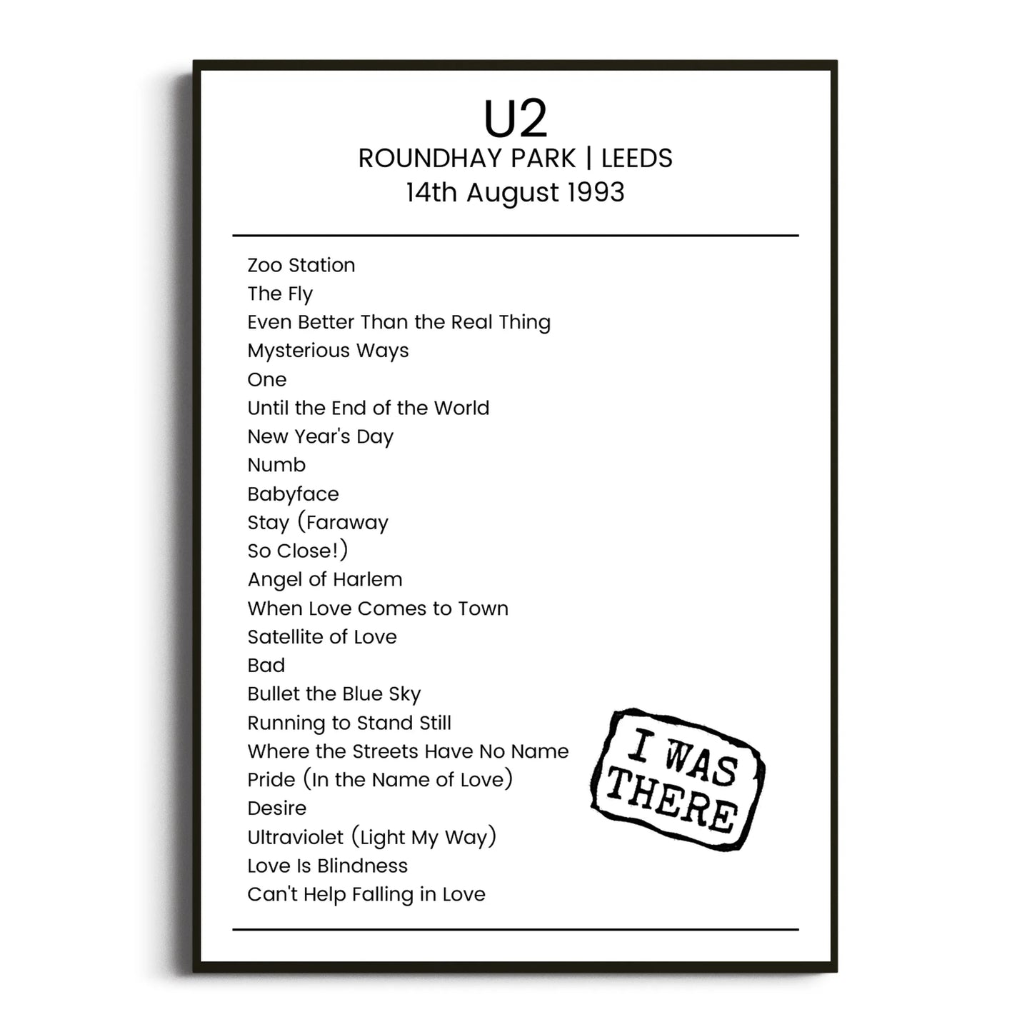 U2 Leeds 14 August 1993 Setlist Poster