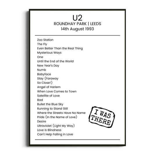 U2 Leeds 14 August 1993 Setlist Poster