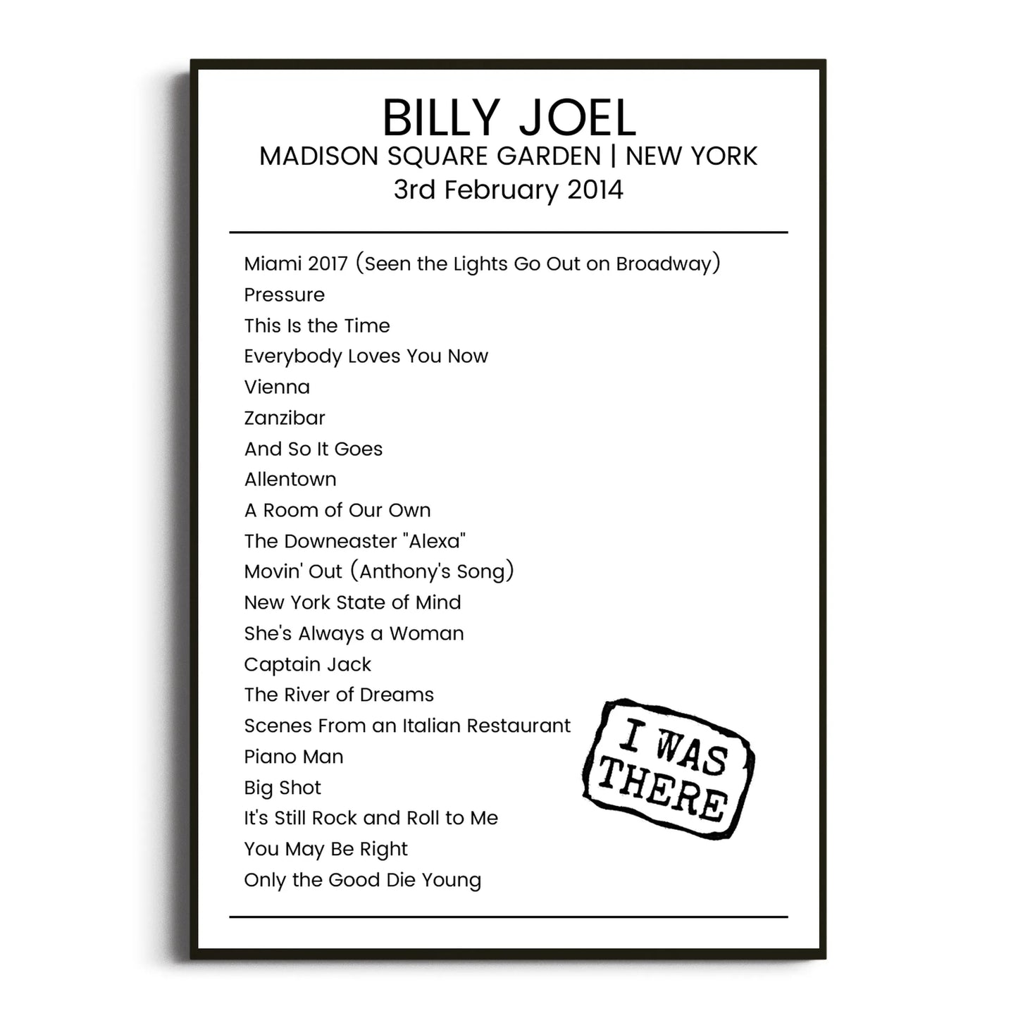 Billy Joel New York 03 February 2014 Setlist Poster