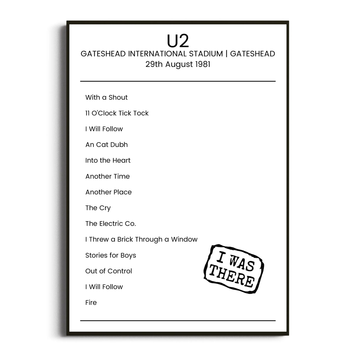 U2 Gateshead 29 August 1981 Setlist Poster