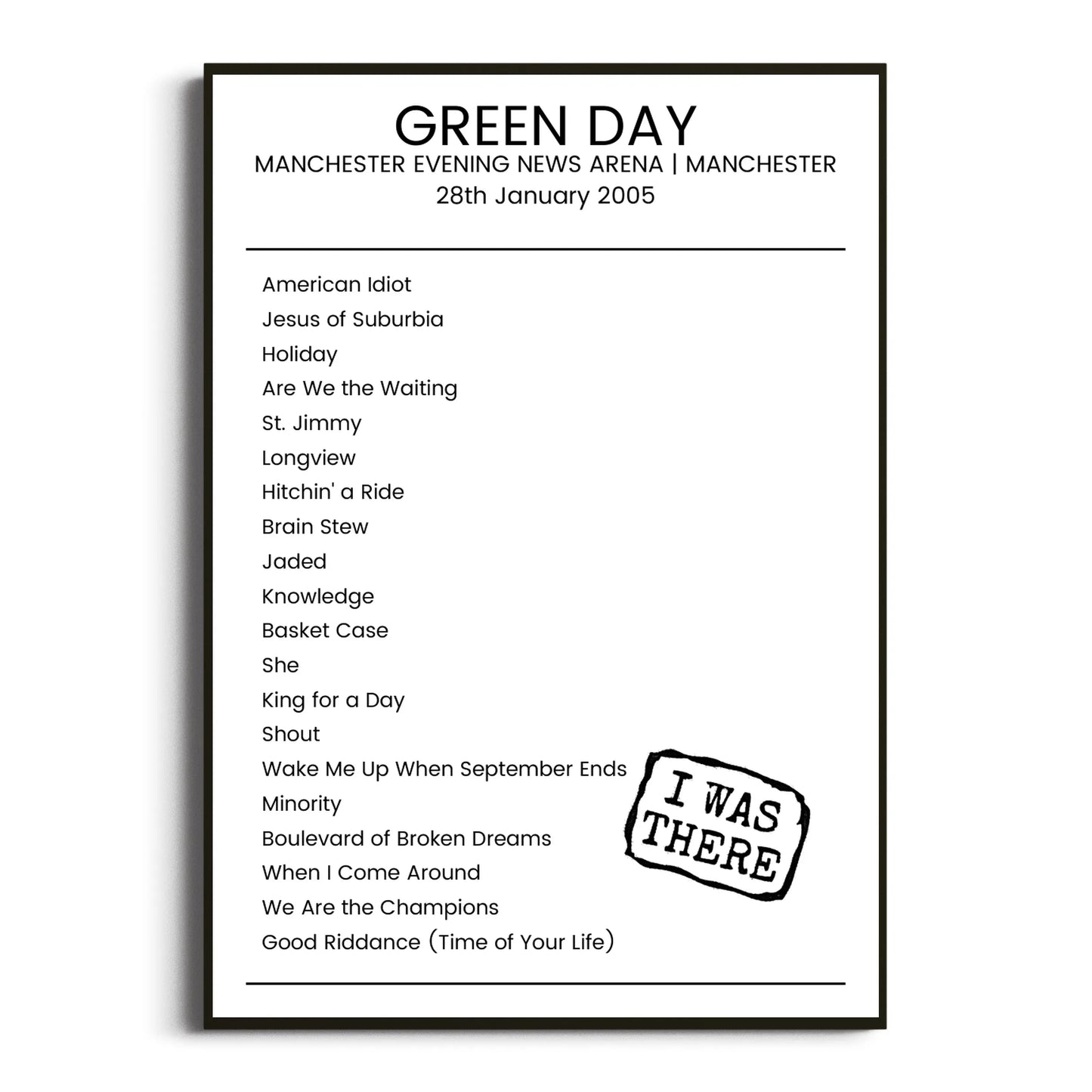 Green Day Manchester 28 January 2005 Setlist Poster