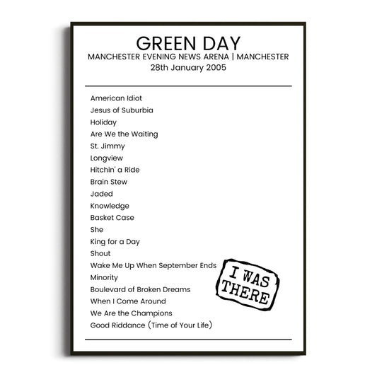 Green Day Manchester 28 January 2005 Setlist Poster