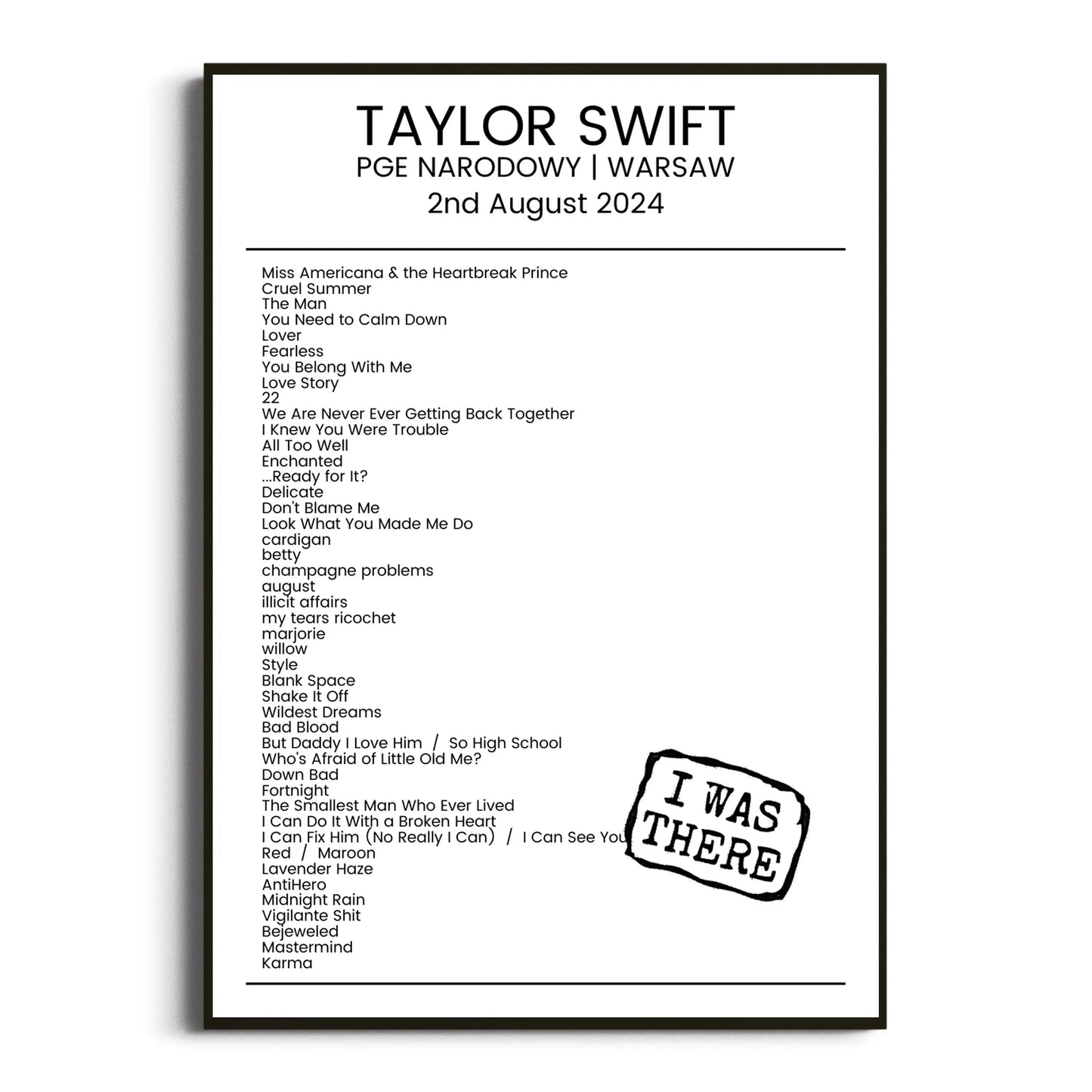 Taylor Swift Warsaw 02 August 2024 Setlist Poster