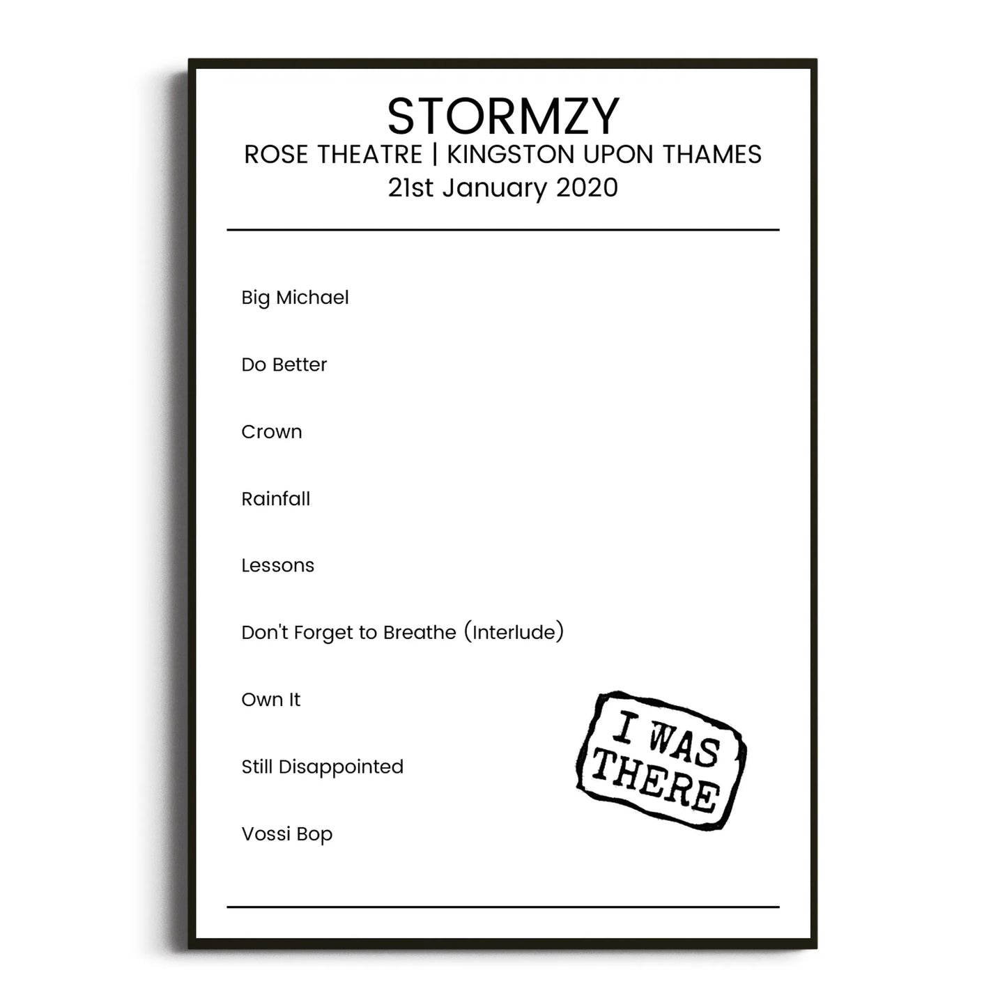 Stormzy Kingston upon Thames 21 January 2020 Setlist Poster