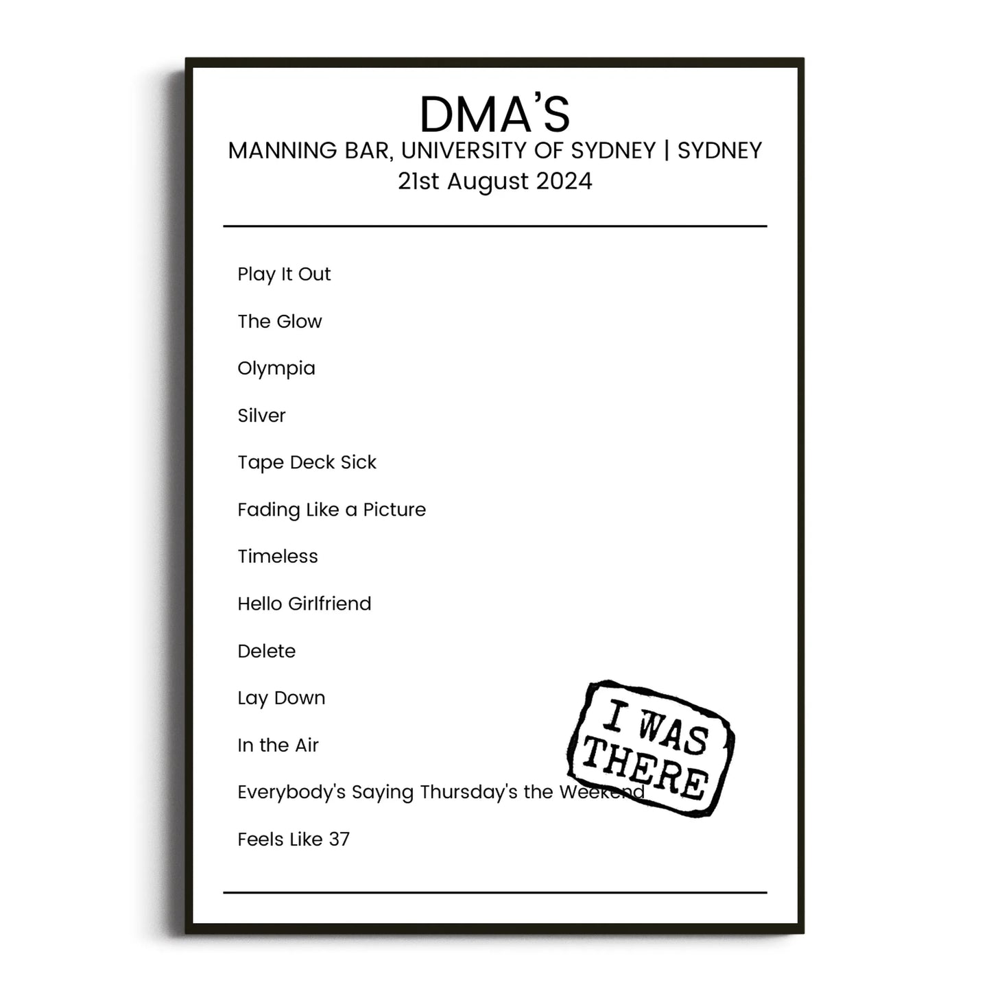 DMA’s Sydney 21 August 2024 Setlist Poster