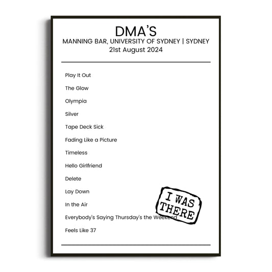 DMA’s Sydney 21 August 2024 Setlist Poster